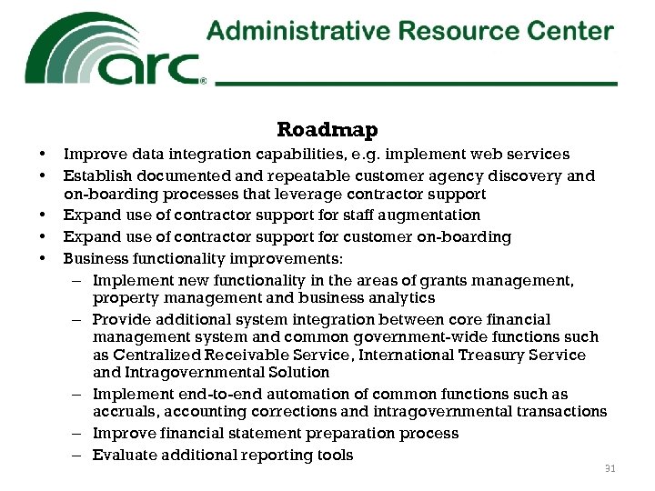 Roadmap • • • Improve data integration capabilities, e. g. implement web services Establish