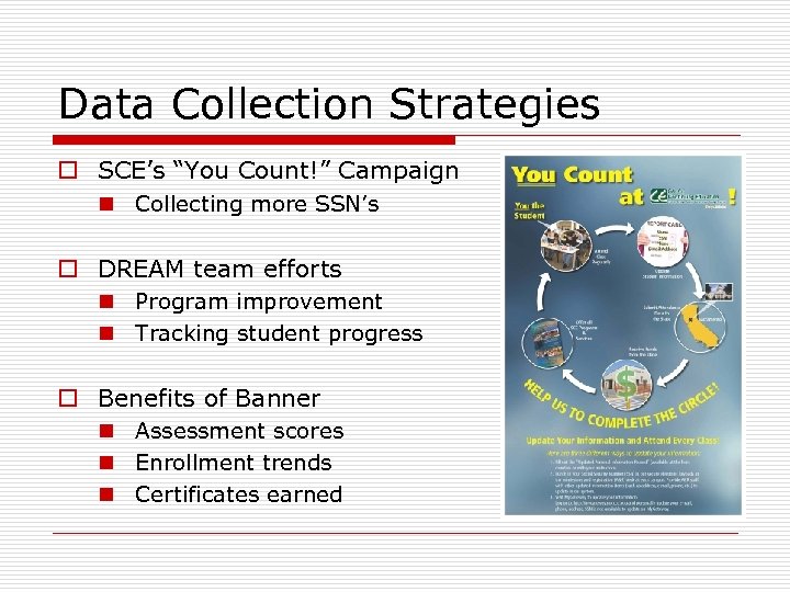 Data Collection Strategies o SCE’s “You Count!” Campaign n Collecting more SSN’s o DREAM