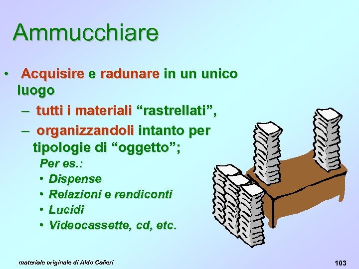 Ammucchiare • Acquisire e radunare in un unico luogo – tutti i materiali “rastrellati”,