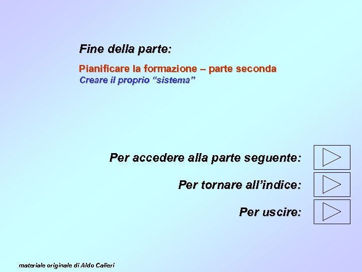 Fine della parte: Pianificare la formazione – parte seconda Creare il proprio “sistema” Per