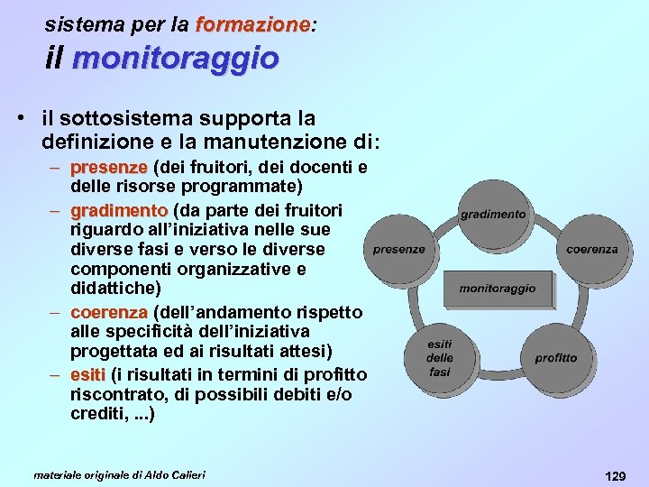 sistema per la formazione: formazione il monitoraggio • il sottosistema supporta la definizione e