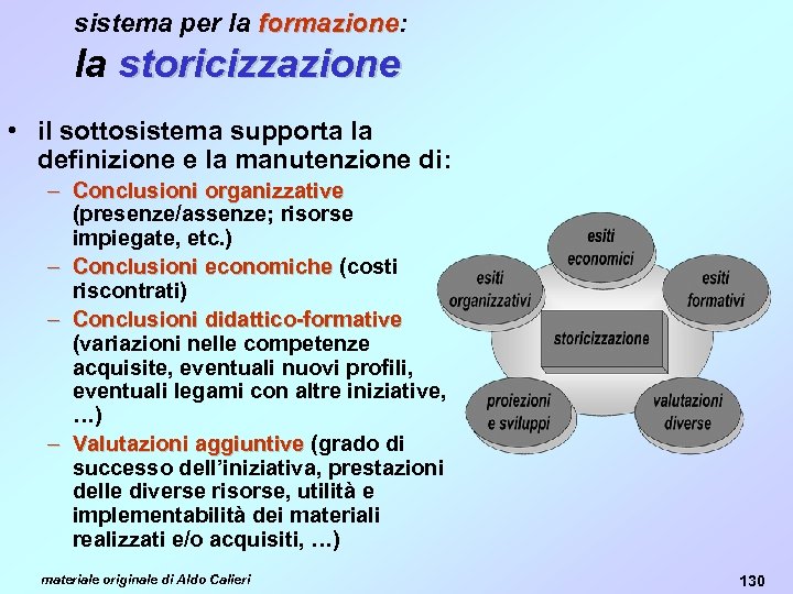 sistema per la formazione: formazione la storicizzazione • il sottosistema supporta la definizione e