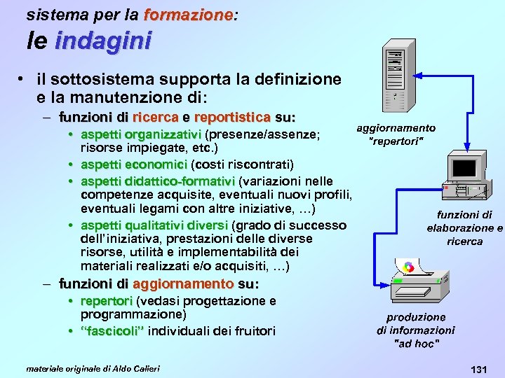 sistema per la formazione: formazione le indagini • il sottosistema supporta la definizione e