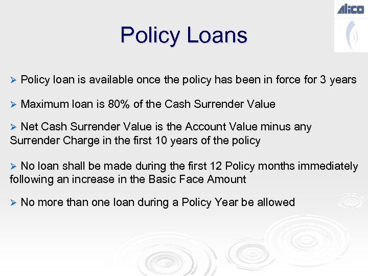 Policy Loans Ø Policy loan is available once the policy has been in force