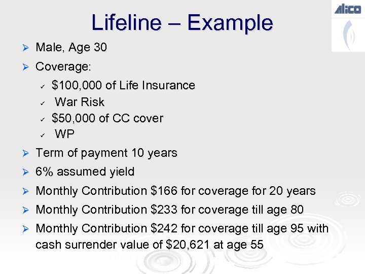 Lifeline – Example Ø Male, Age 30 Ø Coverage: $100, 000 of Life Insurance