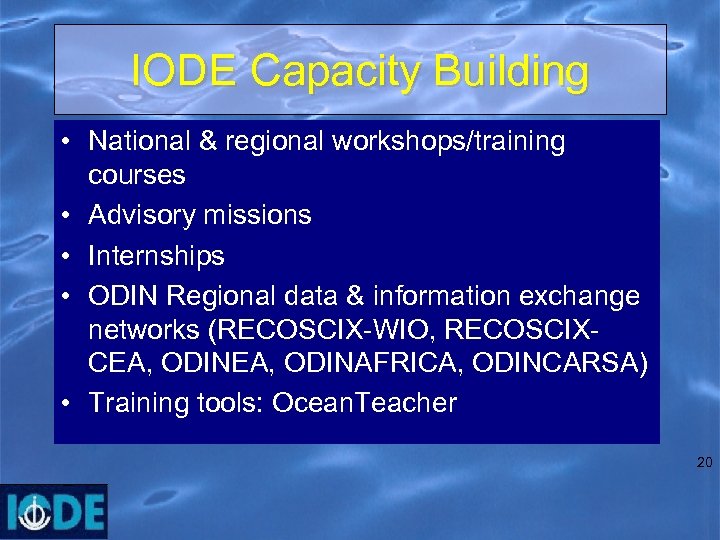 IODE Capacity Building • National & regional workshops/training courses • Advisory missions • Internships