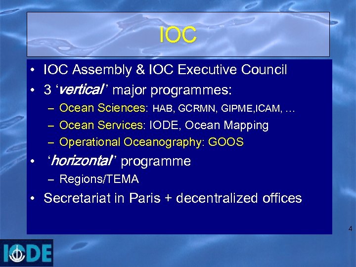 IOC • IOC Assembly & IOC Executive Council • 3 ‘vertical’’ major programmes: –