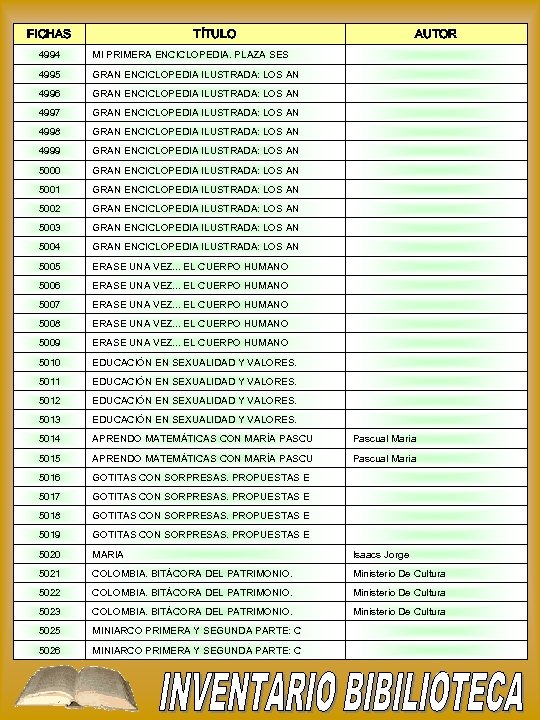 FICHAS TÍTULO AUTOR 4994 MI PRIMERA ENCICLOPEDIA. PLAZA SES 4995 GRAN ENCICLOPEDIA ILUSTRADA: LOS