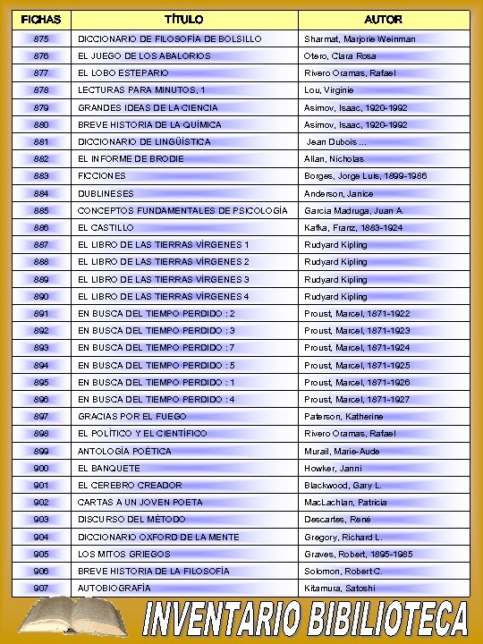 FICHAS TÍTULO AUTOR 875 DICCIONARIO DE FILOSOFÍA DE BOLSILLO Sharmat, Marjorie Weinman 876 EL