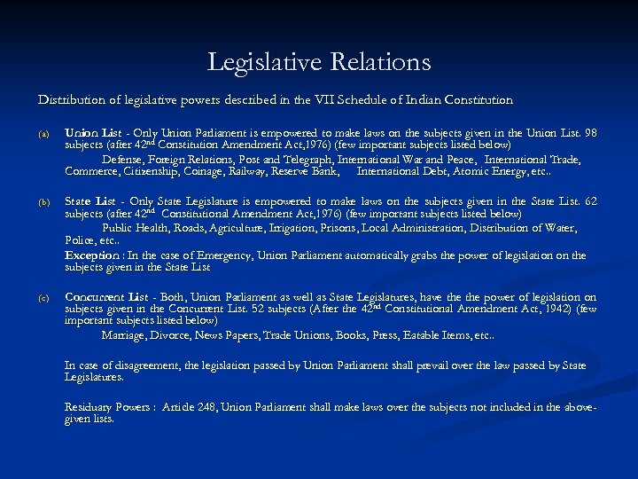 Legislative Relations Distribution of legislative powers described in the VII Schedule of Indian Constitution