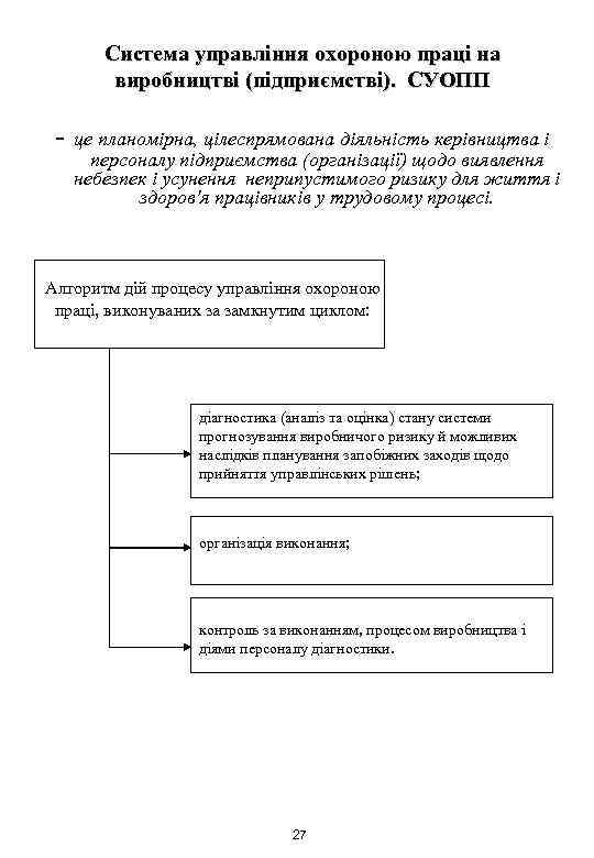 Система управління охороною праці на виробництві (підприємстві). СУОПП - це планомірна, цілеспрямована діяльність керівництва