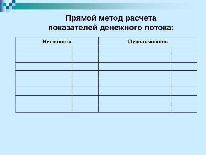 Прямой метод расчета показателей денежного потока: Источники Использование 