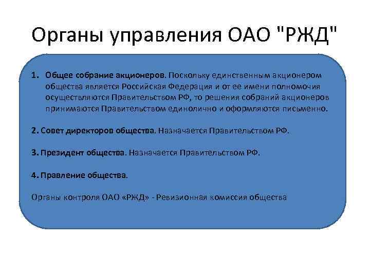 Органы управления ОАО "РЖД" 1. Общее собрание акционеров. Поскольку единственным акционером общества является Российская