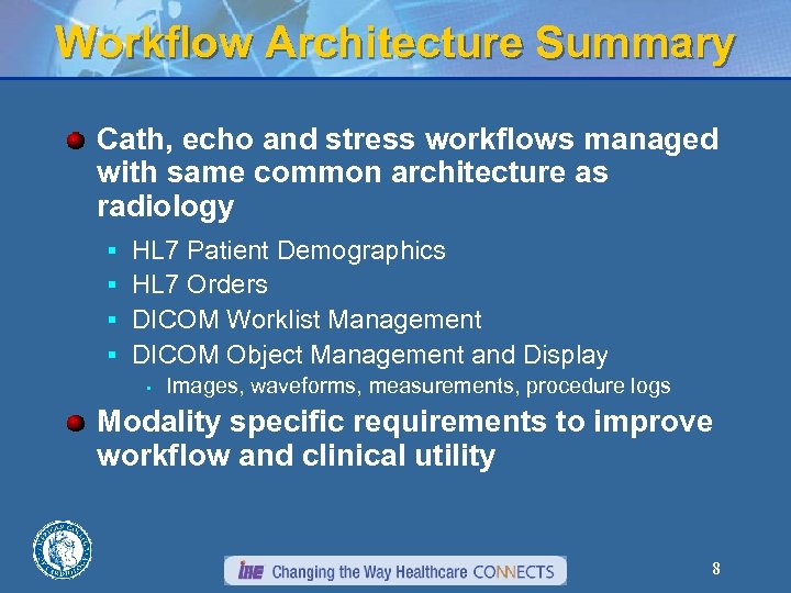 Workflow Architecture Summary Cath, echo and stress workflows managed with same common architecture as