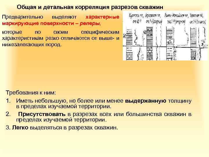 Общая и детальная корреляция разрезов скважин Предварительно выделяют характерные маркирующие поверхности – реперы, которые