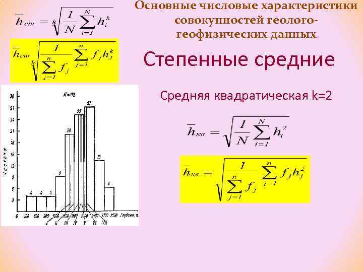 Основные числовые характеристики совокупностей геологогеофизических данных Степенные средние Средняя квадратическая k=2 