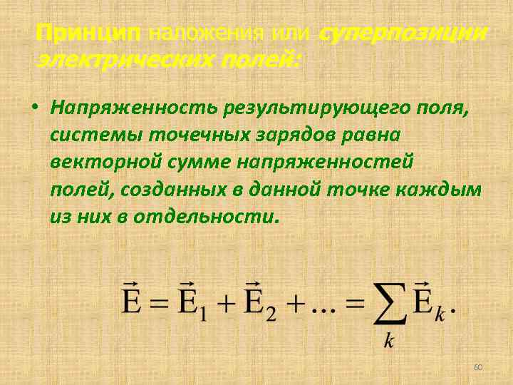 Принцип наложения или суперпозиции электрических полей: • Напряженность результирующего поля, системы точечных зарядов равна