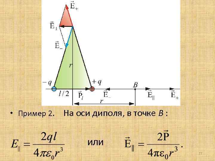  • Пример 2. На оси диполя, в точке В : или 77 