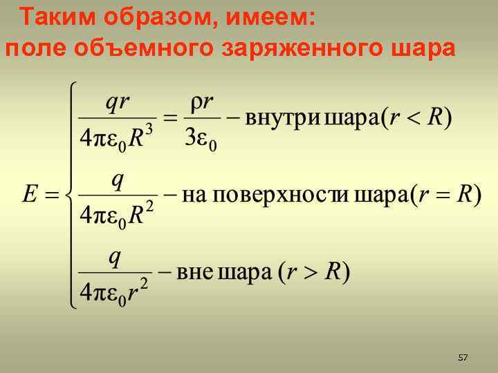 Таким образом, имеем: поле объемного заряженного шара 57 