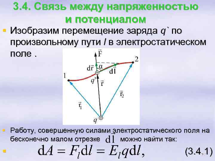 3. 4. Связь между напряженностью и потенциалом § Изобразим перемещение заряда q` по произвольному