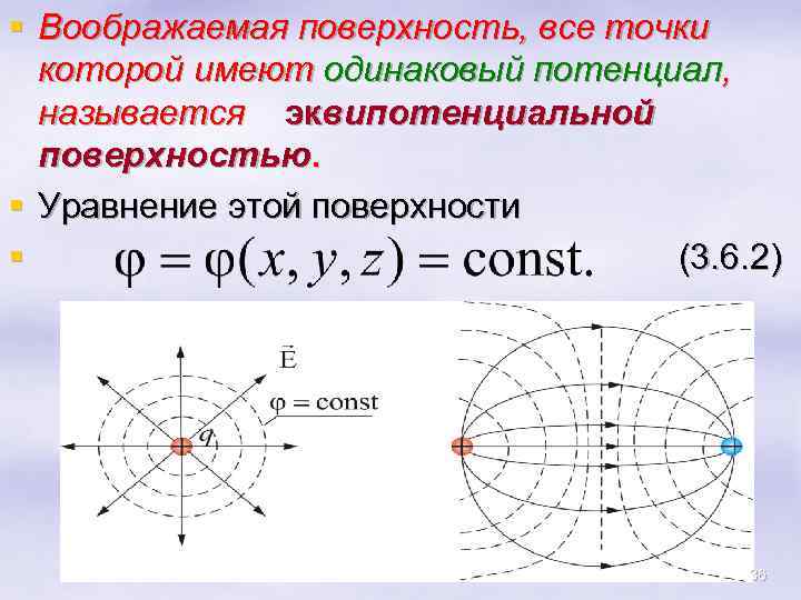 § Воображаемая поверхность, все точки которой имеют одинаковый потенциал, называется эквипотенциальной поверхностью. § Уравнение