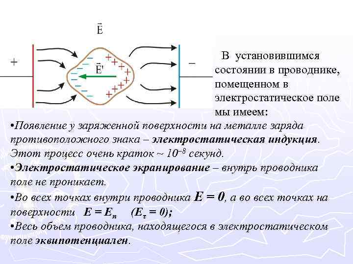 В установившимся состоянии в проводнике, помещенном в электростатическое поле мы имеем: • Появление у
