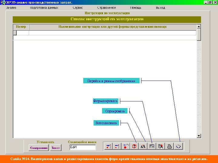 Перейти в режим отображения Форматировать Сортировать Восстановить Слайд № 24. Видеограмма ввода и редактирования