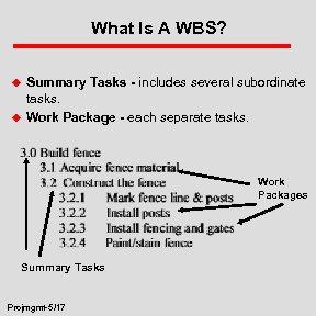 What Is A WBS? u u Summary Tasks - includes several subordinate tasks. Work