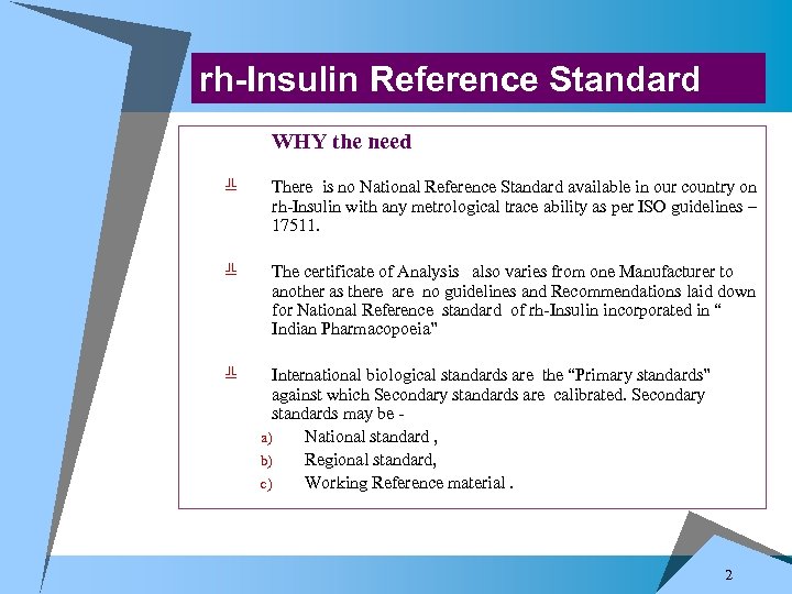 rh-Insulin Reference Standard WHY the need ╩ There is no National Reference Standard available