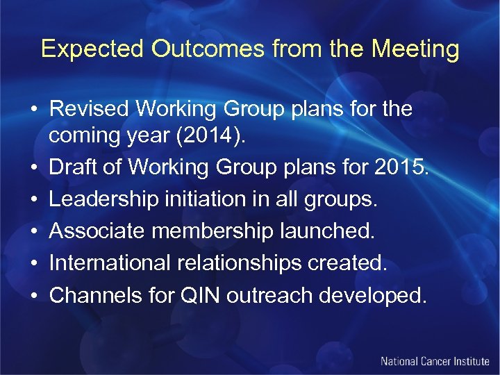 Expected Outcomes from the Meeting • Revised Working Group plans for the coming year