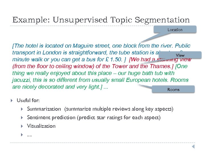 Example: Unsupervised Topic Segmentation Location [The hotel is located on Maguire street, one block