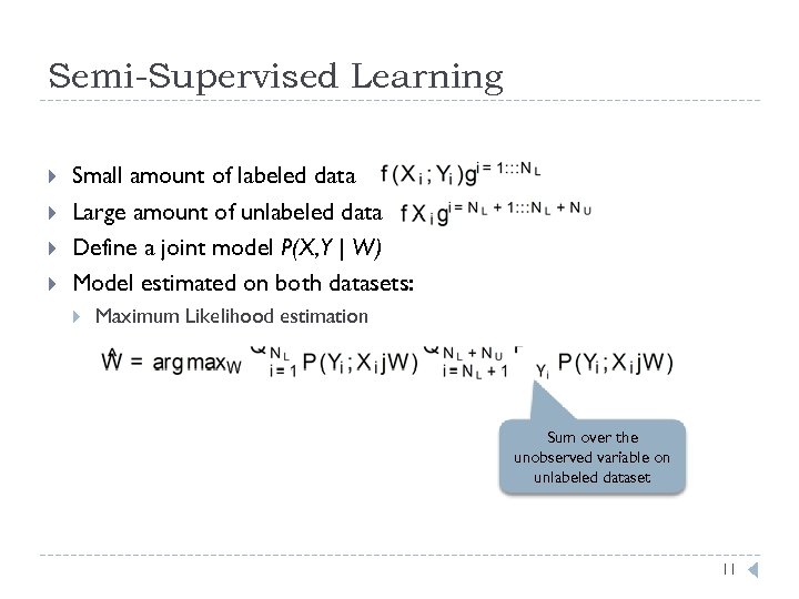 Semi-Supervised Learning Small amount of labeled data Large amount of unlabeled data Define a