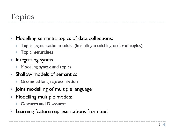 Topics Modelling semantic topics of data collections: Integrating syntax Grounded language acquisition Joint modelling
