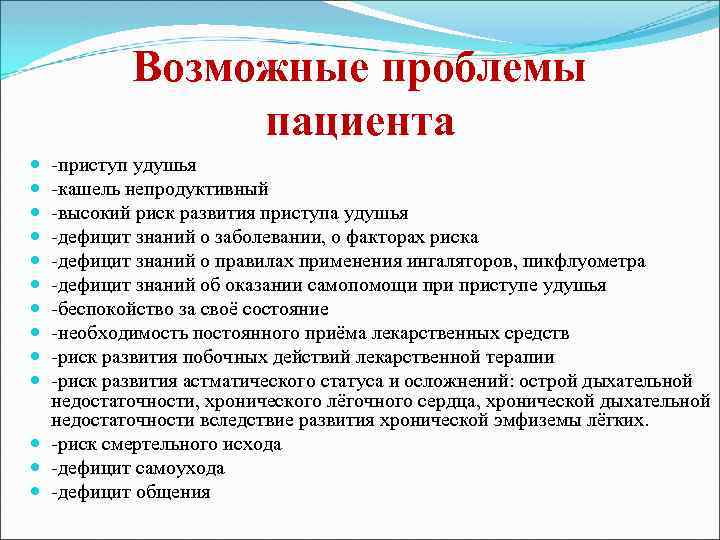 Возможные проблемы пациента -приступ удушья -кашель непродуктивный -высокий риск развития приступа удушья -дефицит знаний