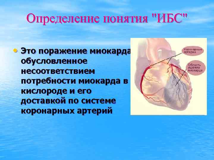 Определение понятия "ИБС" • Это поражение миокарда обусловленное несоответствием потребности миокарда в кислороде и