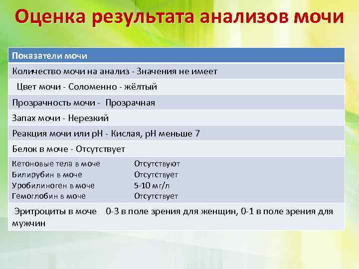 Оценка результата анализов мочи Показатели мочи Количество мочи на анализ - Значения не имеет