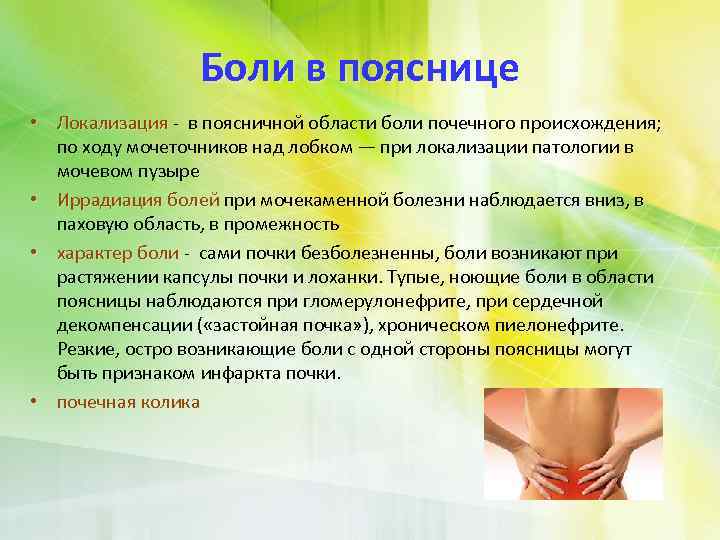 Боли в пояснице • Локализация - в поясничной области боли почечного происхождения; по ходу