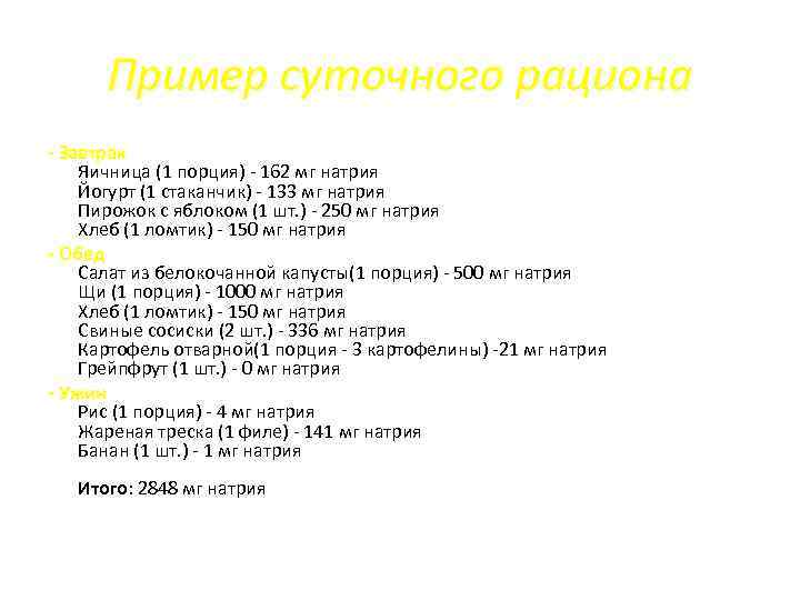 Пример суточного рациона - Завтрак Яичница (1 порция) - 162 мг натрия Йогурт (1