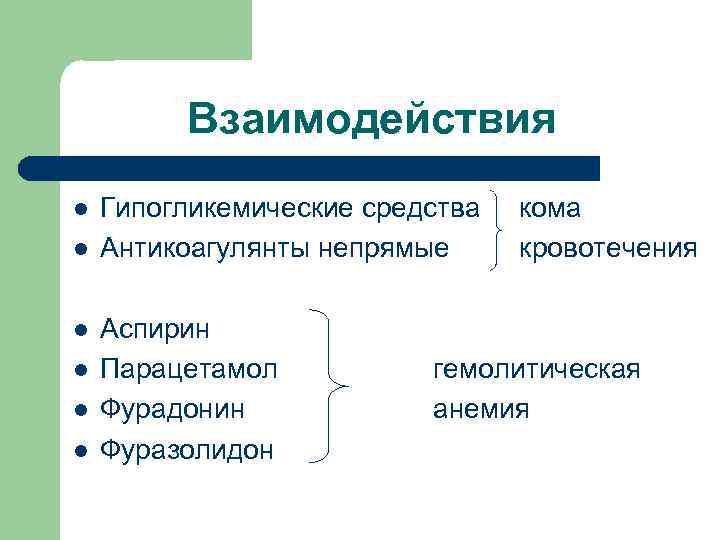 Взаимодействия l l l Гипогликемические средства Антикоагулянты непрямые Аспирин Парацетамол Фурадонин Фуразолидон кома кровотечения