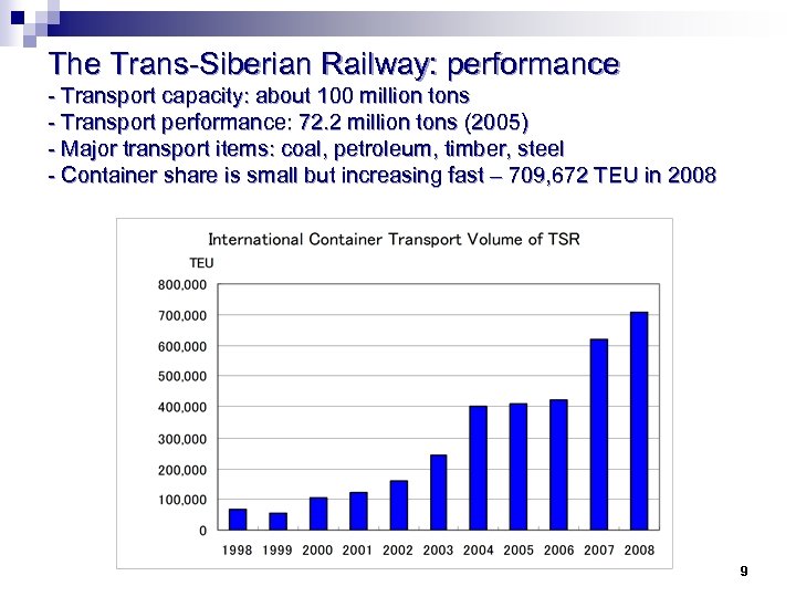 The Trans-Siberian Railway: performance - Transport capacity: about 100 million tons - Transport performance: