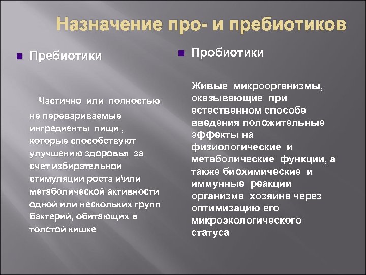 Назначение про- и пребиотиков n Пребиотики Частично или полностью не перевариваемые ингредиенты пищи ,