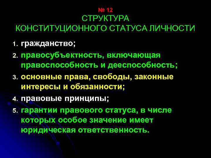 № 12 СТРУКТУРА КОНСТИТУЦИОННОГО СТАТУСА ЛИЧНОСТИ 1. 2. 3. 4. 5. гражданство; правосубъектность, включающая