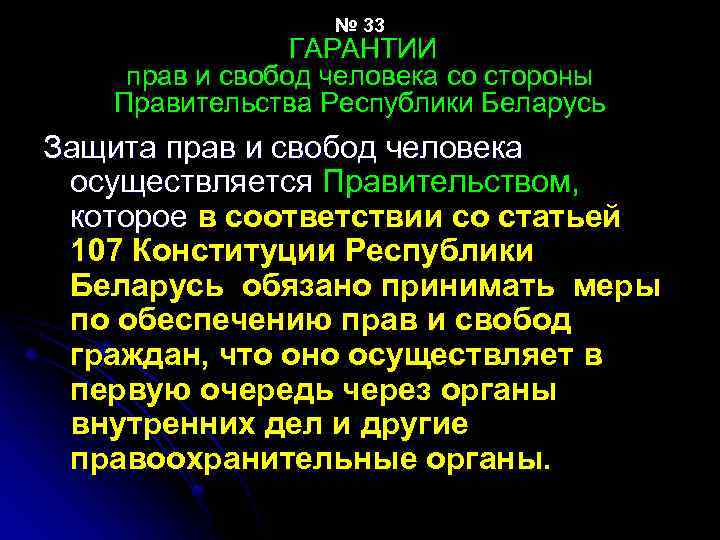 № 33 ГАРАНТИИ прав и свобод человека со стороны Правительства Республики Беларусь Защита прав