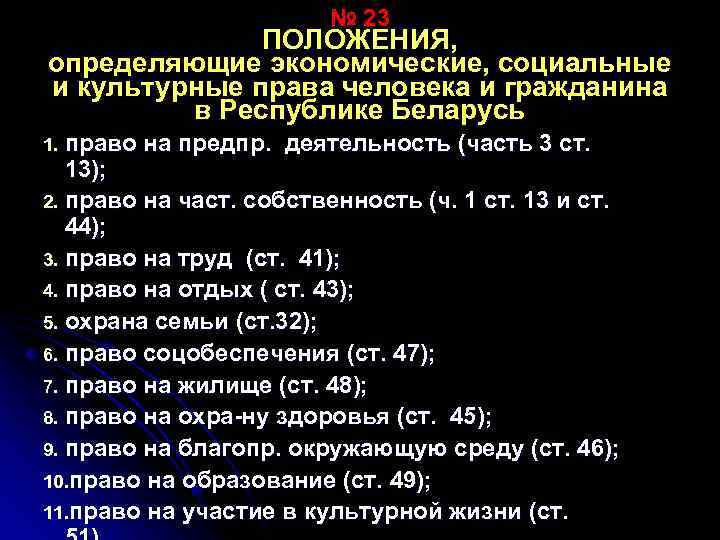 № 23 ПОЛОЖЕНИЯ, определяющие экономические, социальные и культурные права человека и гражданина в Республике