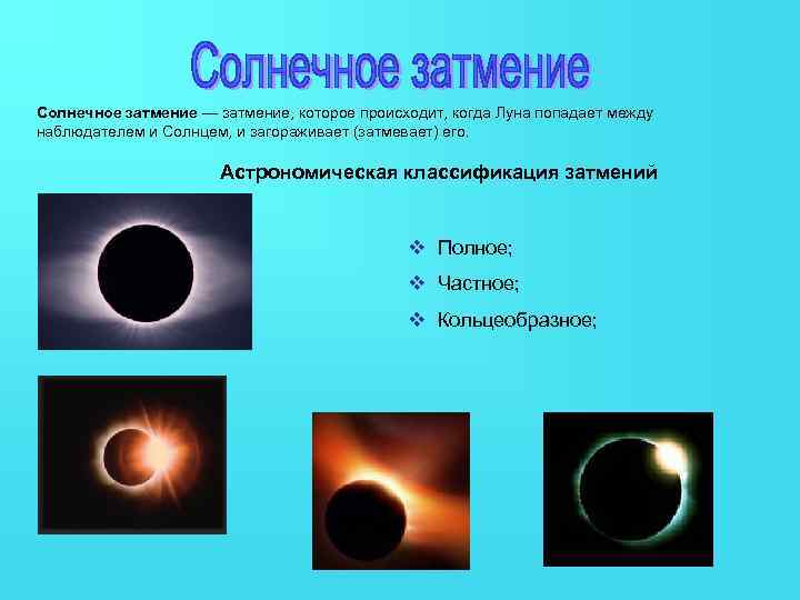 Солнечное затмение — затмение, которое происходит, когда Луна попадает между наблюдателем и Солнцем, и
