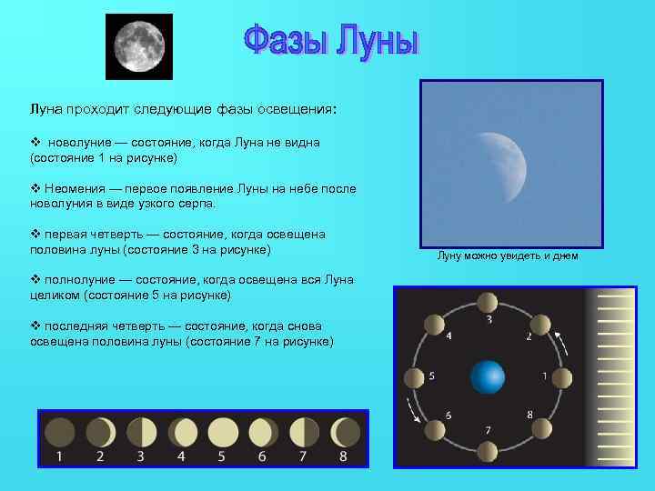 Луна проходит следующие фазы освещения: v новолуние — состояние, когда Луна не видна (состояние