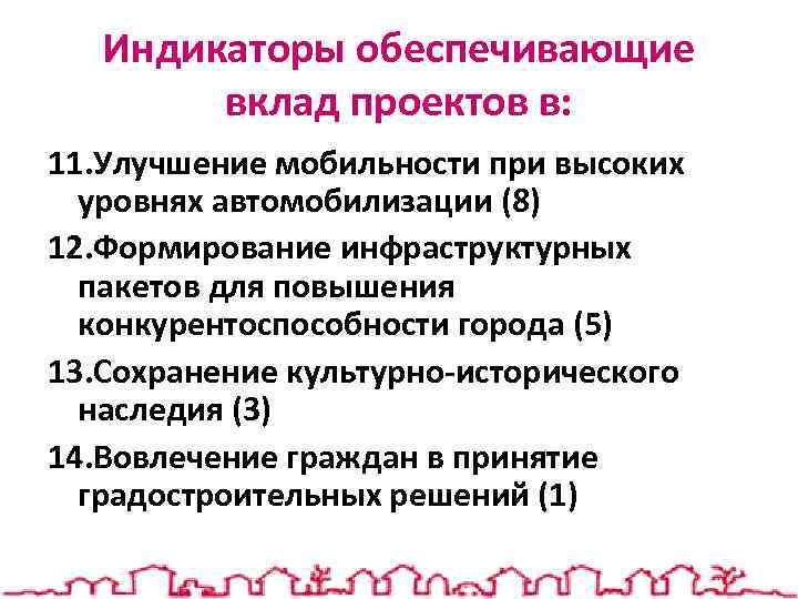 Индикаторы обеспечивающие вклад проектов в: 11. Улучшение мобильности при высоких уровнях автомобилизации (8) 12.