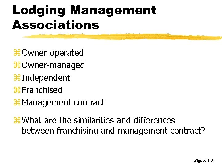 Lodging Management Associations z Owner-operated z Owner-managed z Independent z Franchised z Management contract