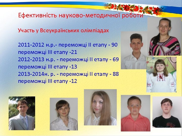 Ефективність науково-методичної роботи Участь у Всеукраїнських олімпіадах 2011 -2012 н. р. - переможці ІІ