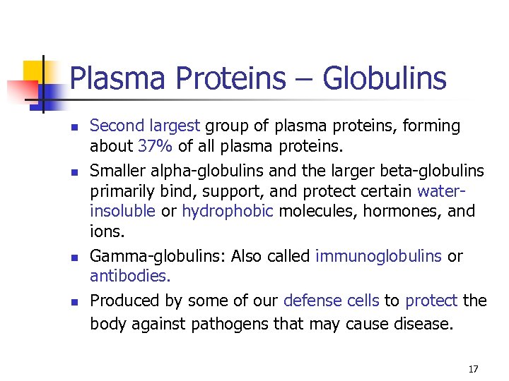 Plasma Proteins – Globulins n n Second largest group of plasma proteins, forming about